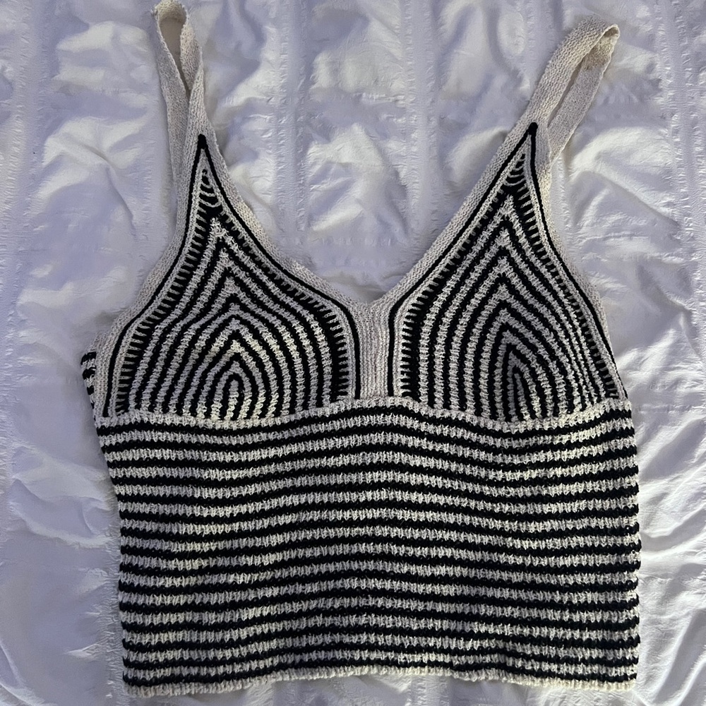 Promod Black and White Fitted Crop Tank Top